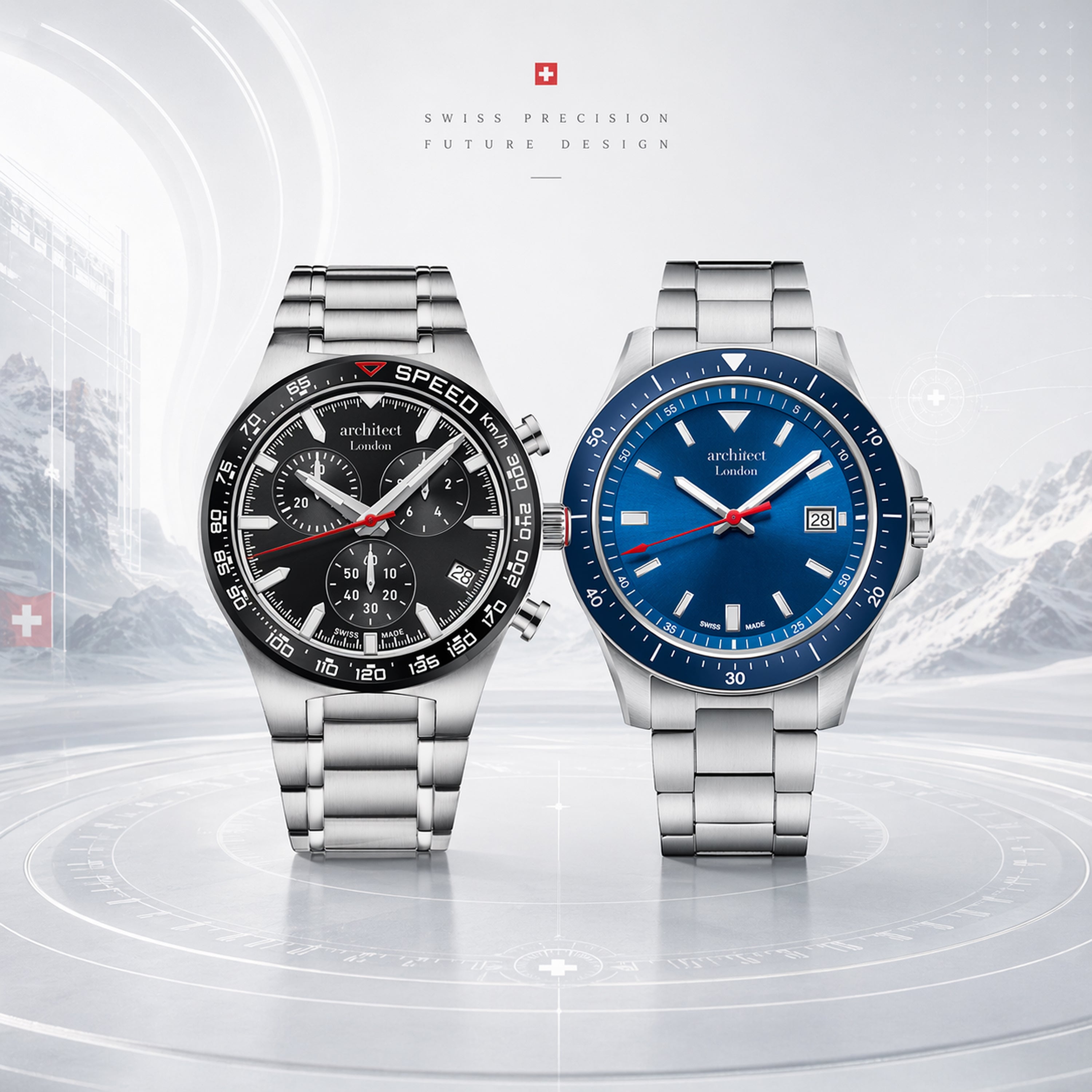 Two watches with different colored faces on a futuristic background