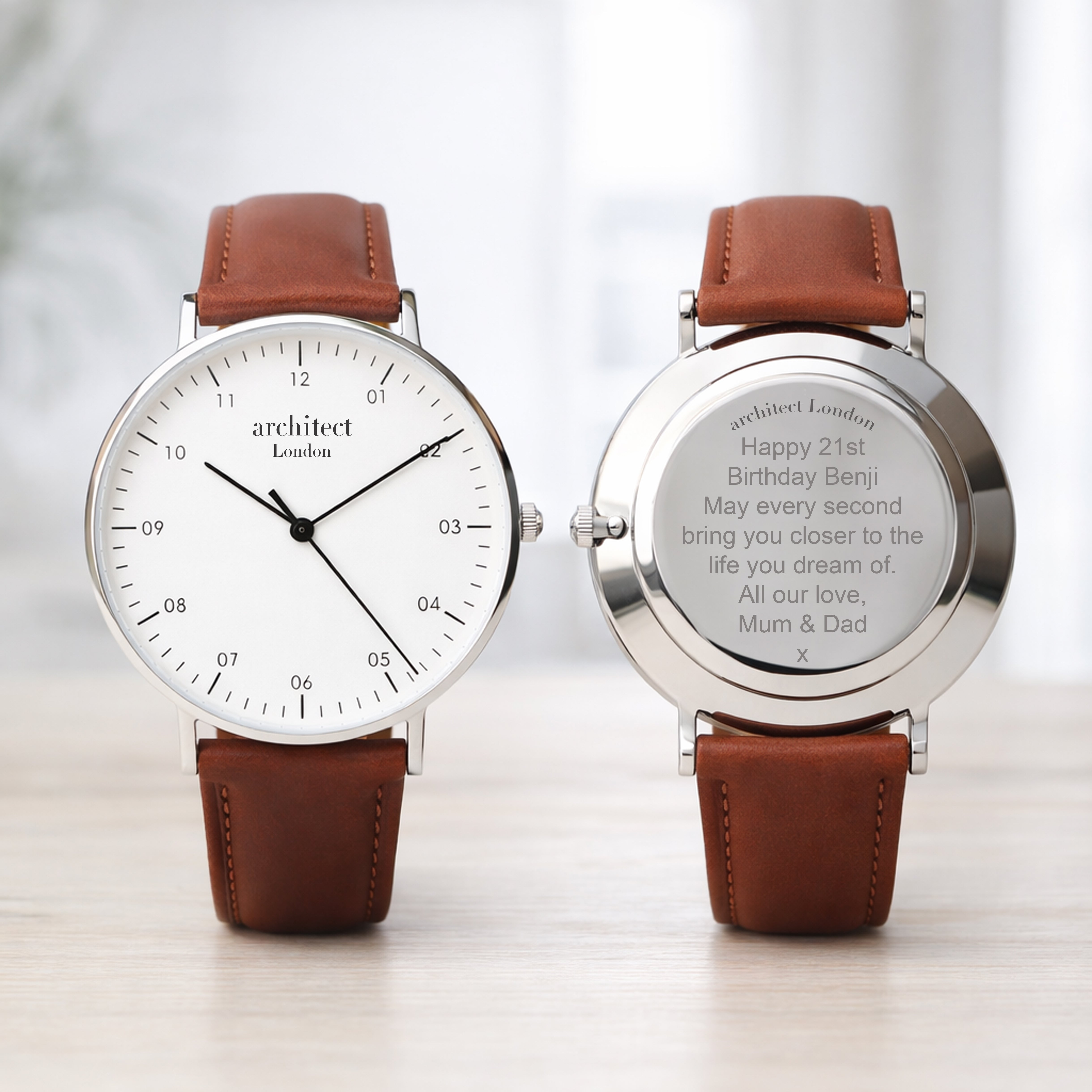 Wedding personalised mens watch. White face and brown leather strap. minimalist watch
