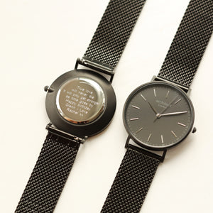 Modern Font Engraving - Men's Minimalist Watch + Pitch Black Mesh Strap