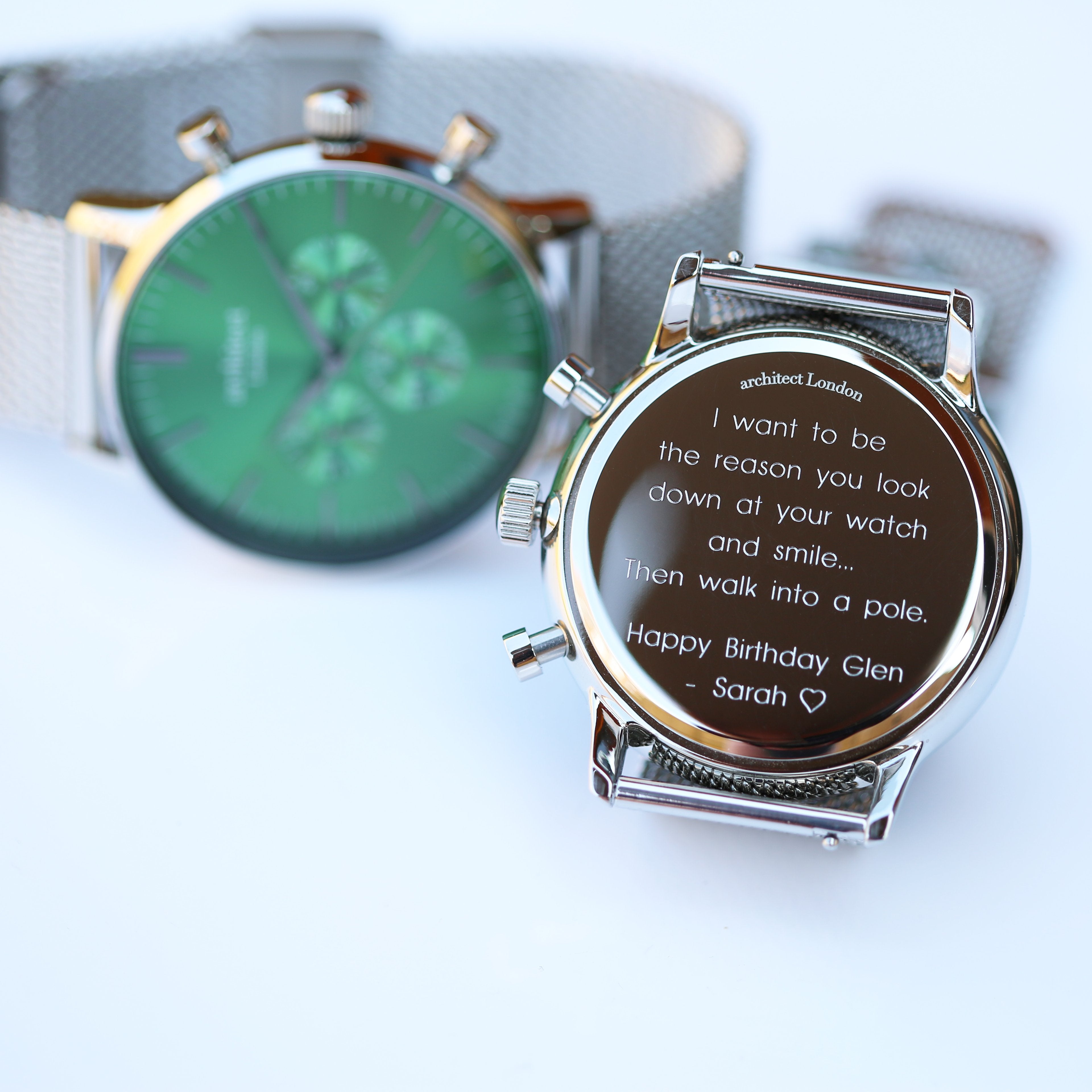 Men's Architect Motivator In Envy Green With Silver Mesh Strap - Modern Font Engraving