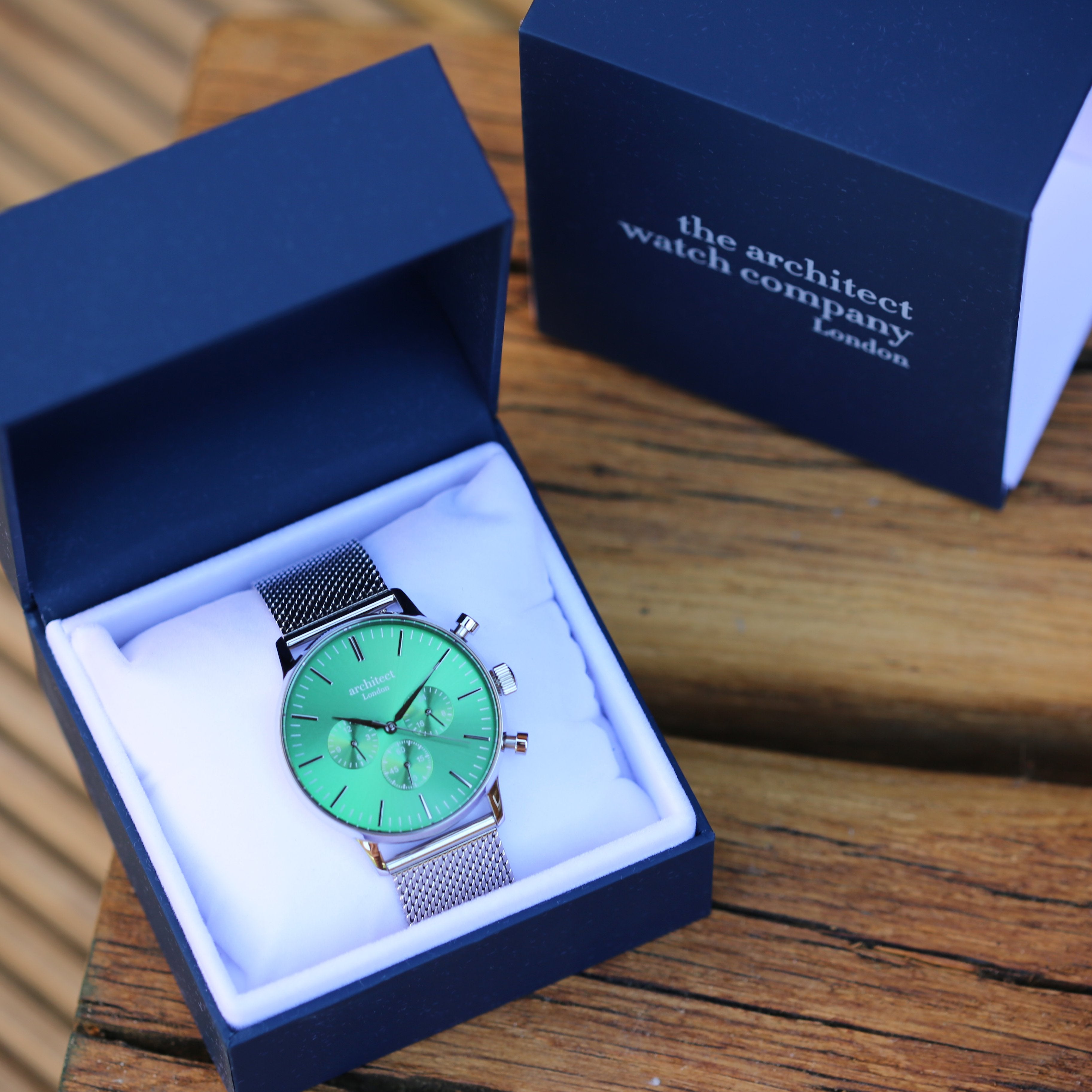 Men's Architect Motivator In Envy Green With Silver Mesh Strap - Modern Font Engraving