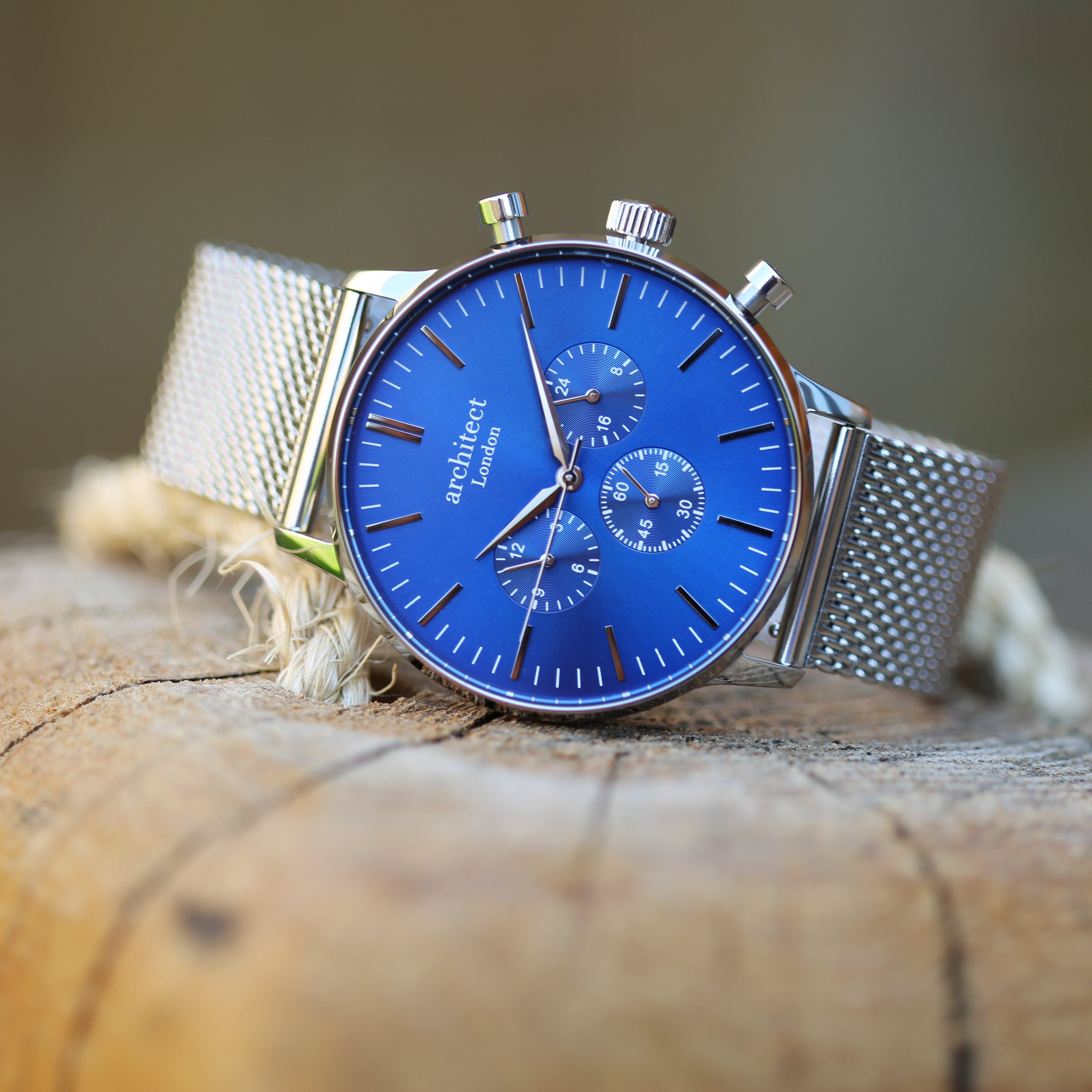 Men's Architect Motivator In Blue With Silver Mesh Strap - Modern Font Engraving